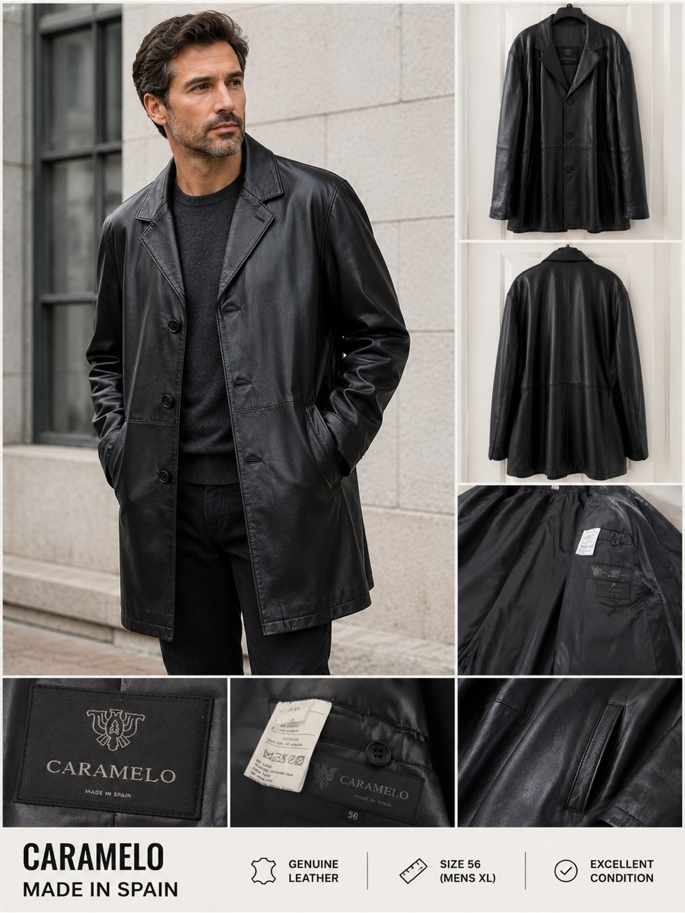 Men’s Black Leather Overcoat from Spain.  Size 46/XL